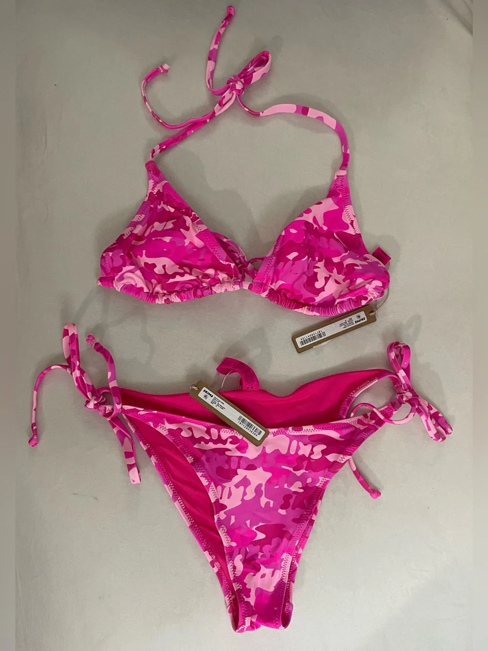 Skims 2Pcs SET Triangle Bikini Top & Dippy Tie Bottom Pink Camo Swimwear Size M